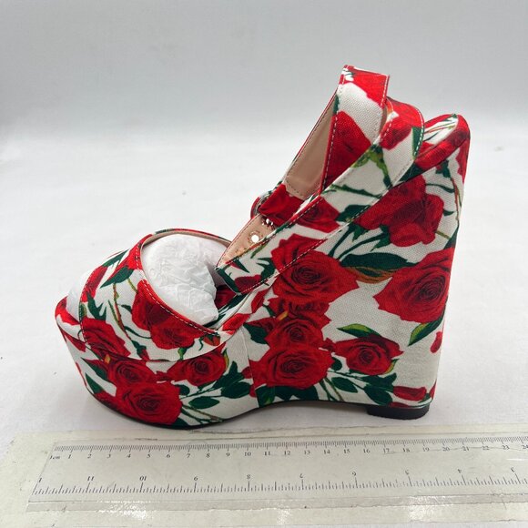 FSJ Red Rose Floral Heels Ankle Strap Platform Wedge Sandals - Picture 2 of 8